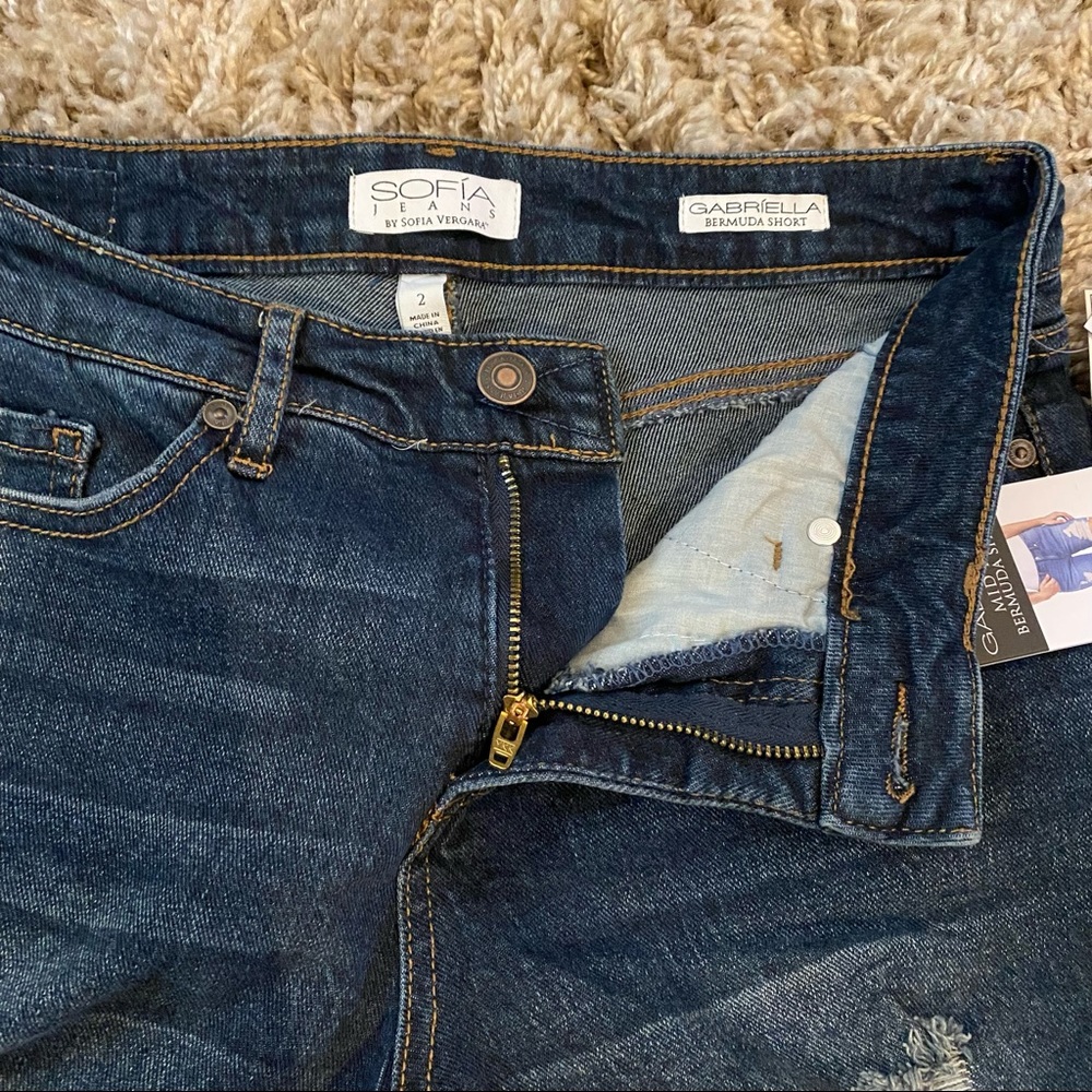 Sofia Vergara mid rise Bermuda distressed jean shorts size 2 - Picture 4 of 14
